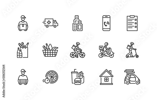 Food and medicines delivery flat icon set. Vector illustration couriers on different transport, motorbike, car, bike and scooter. Pizza delivery. Editable strokes
