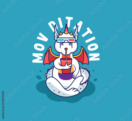 The yoga dragon is watching a movie, drinking. Rainbow unicorn-monster