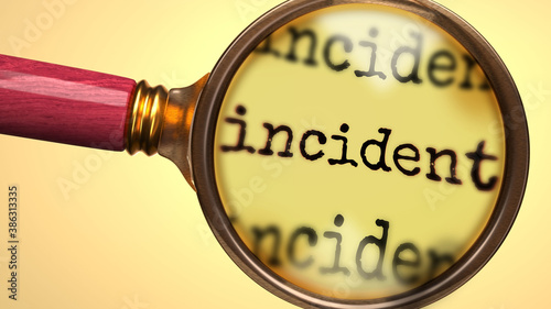 Examine and study incident, showed as a magnify glass and word incident to symbolize process of analyzing, exploring, learning and taking a closer look at incident, 3d illustration photo
