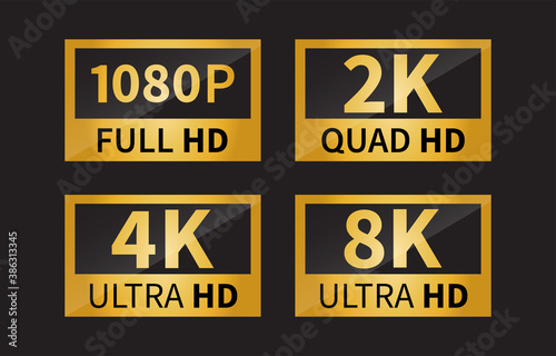8k Ultra Hd icon, 4k Ultra Hd, 2k Ultra Hd, 1080 Full Hd Resolution icon. Vector illustration