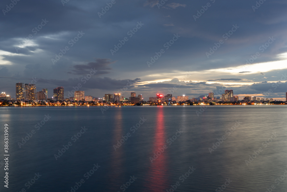Hanoi skyline cityscape during sunset period at West Lake in 2020