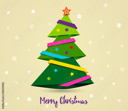 Gold card Merry Christmas. Paper ribbon on Christmas tree with yellow star. Paper art style. Vector illustration.
