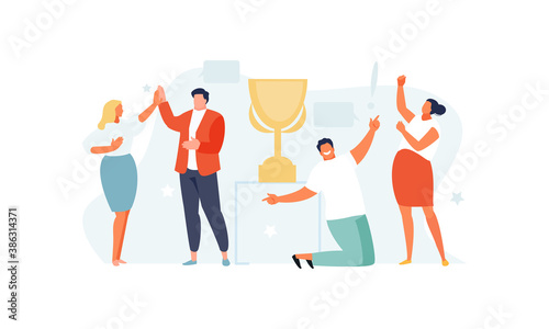 Business people team celebrating a victory near the cup. Successful business project vector illustration