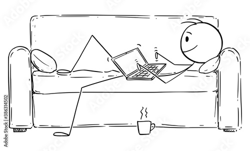 Vector cartoon stick figure illustration of man or businessman lying on sofa or couch and typing or working on computer. Home office, working from home in coronavirus covid-19 pandemic.