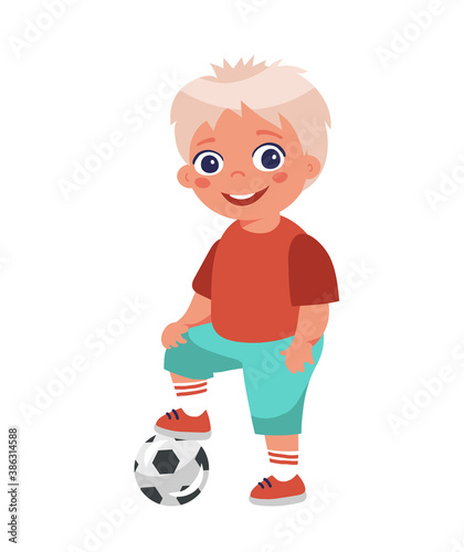 Boy soccer player posing put his foot on the ball. Cartoon character isolated on white background. Young soccer player in shorts. Flat design