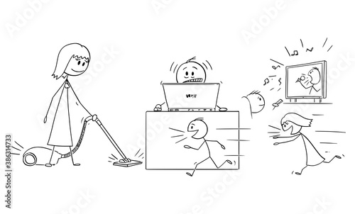 Vector cartoon stick figure illustration of frustrated or stressed man or businessman. Trying to work at home office with kids around during coronavirus covid-19 pandemic quarantine.