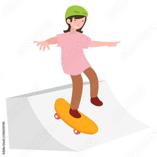A woman is learning to skateboard in a park