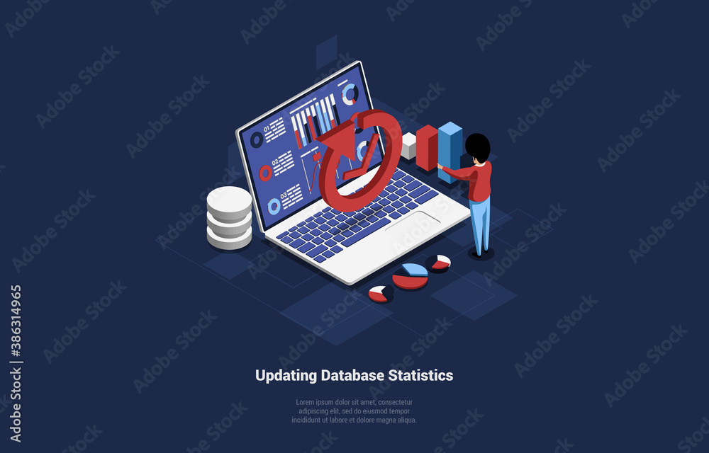 Concept 3D Illustration With Writing Of Updating Database Statistics. Cartoon Style Isometric Composition On Dark Background. Big Laptop With Information On Screen And Small Character Pointing At It