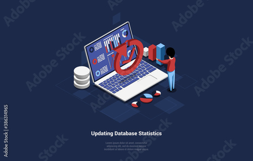 Concept 3D Illustration With Writing Of Updating Database Statistics. Cartoon Style Isometric Composition On Dark Background. Big Laptop With Information On Screen And Small Character Pointing At It