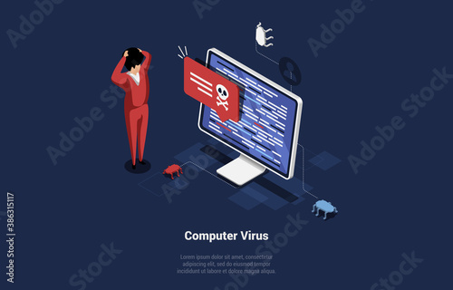 Concept Vector Illustration Of Computer Virus Alert. Cartoon Isometric Male Character Shocked Near PC Screen With Writings And Small Technological Beetles Crawling. 3D Art On Dark Blue Background