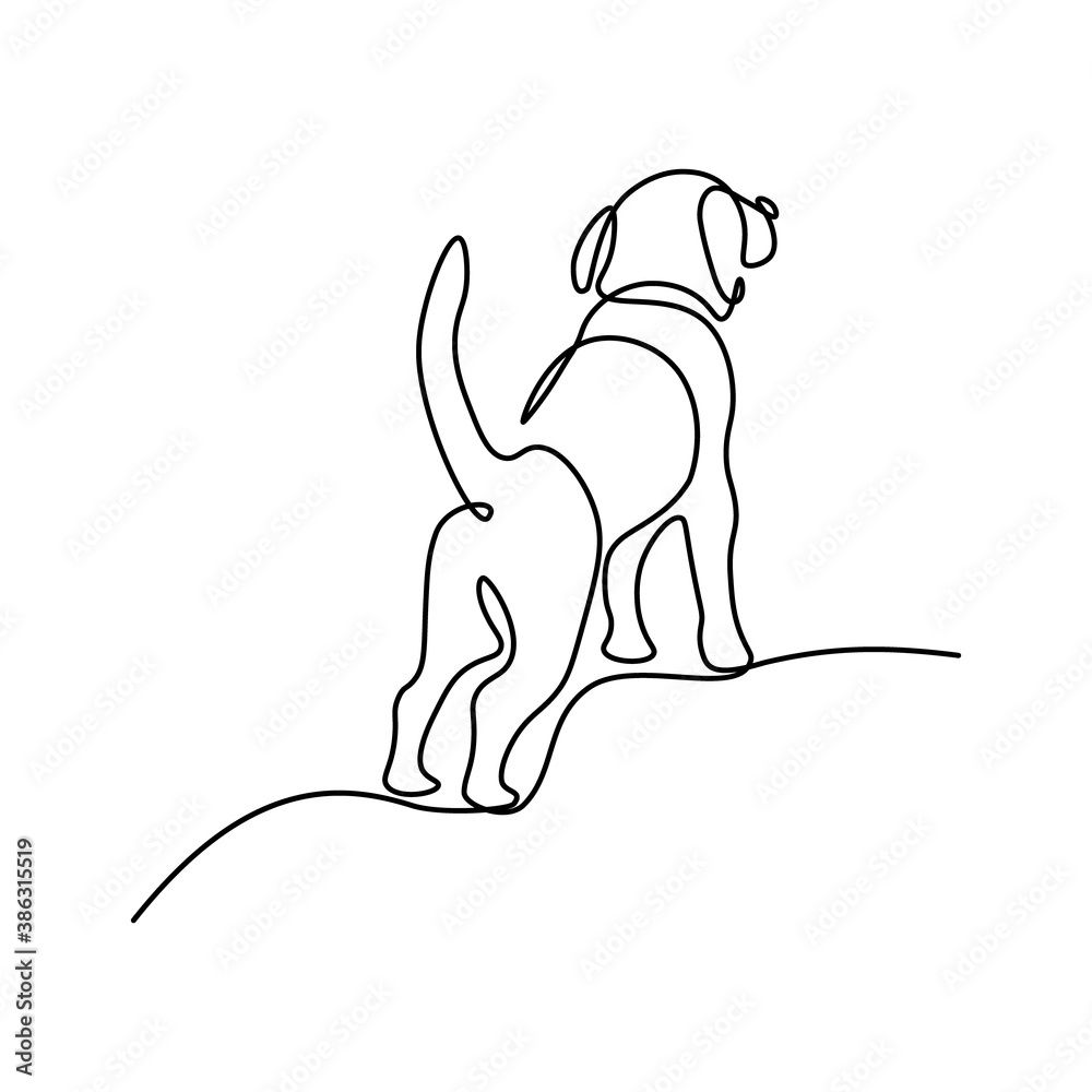 Back view of standing dog in continuous line art drawing style. Curious