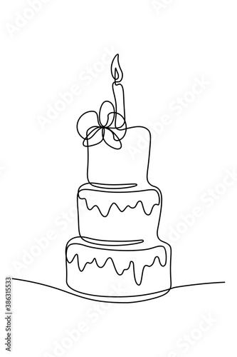 Birthday cake in continuous line art drawing style. Large three-layer  holiday cake with candle on the top and flower decoration. Black linear sketch isolated on white background. Vector illustration