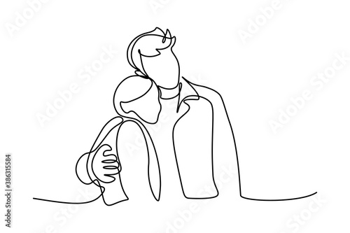 Portrait of happy сouple in continuous line art drawing style. Man in love put his arms around girlfriend. Love and friendship black linear sketch isolated on white background. Vector illustration