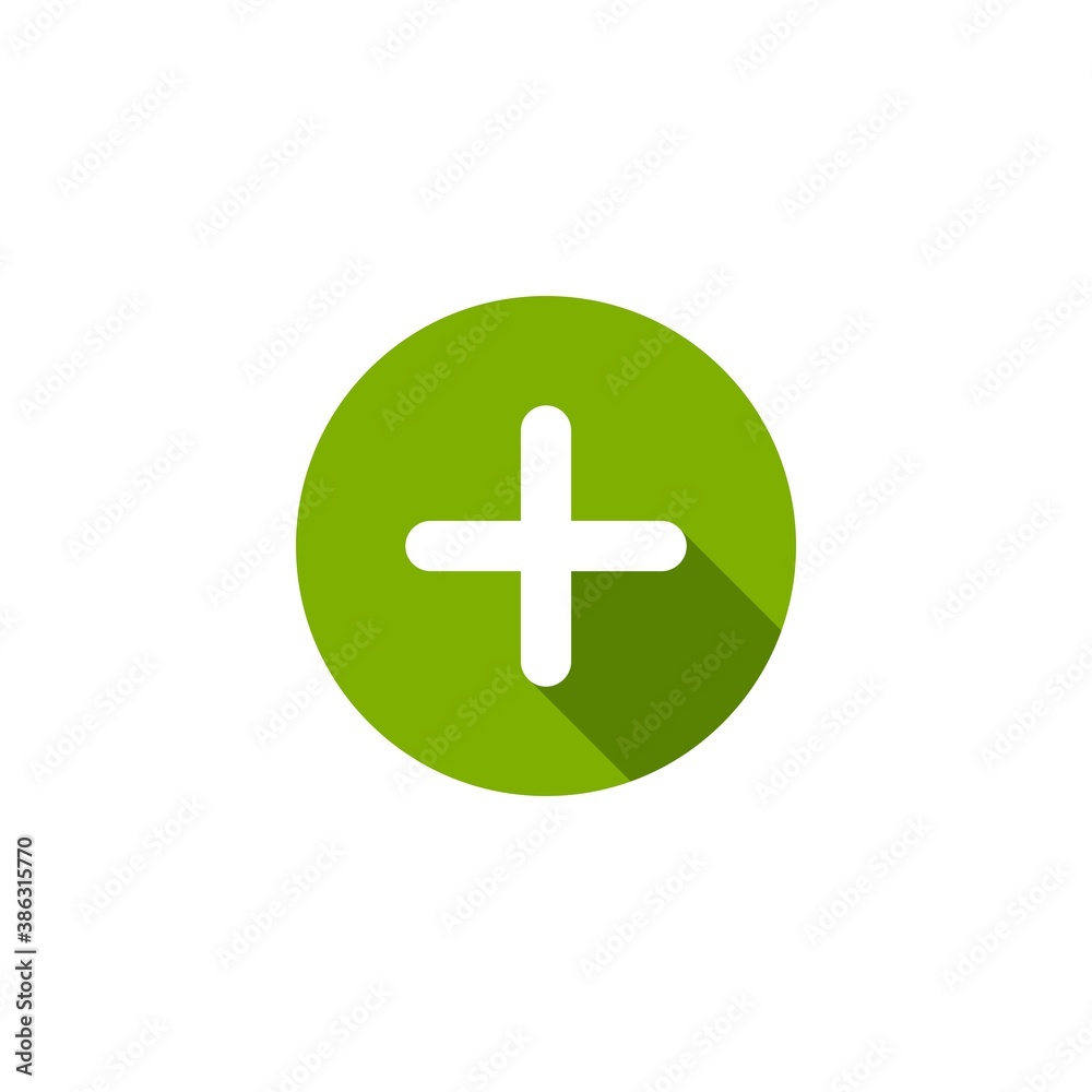 white cross with shadow in green circle. Flat vector icon isolated on white. white cross with shadow in green circle. Flat vector icon isolated on white.
