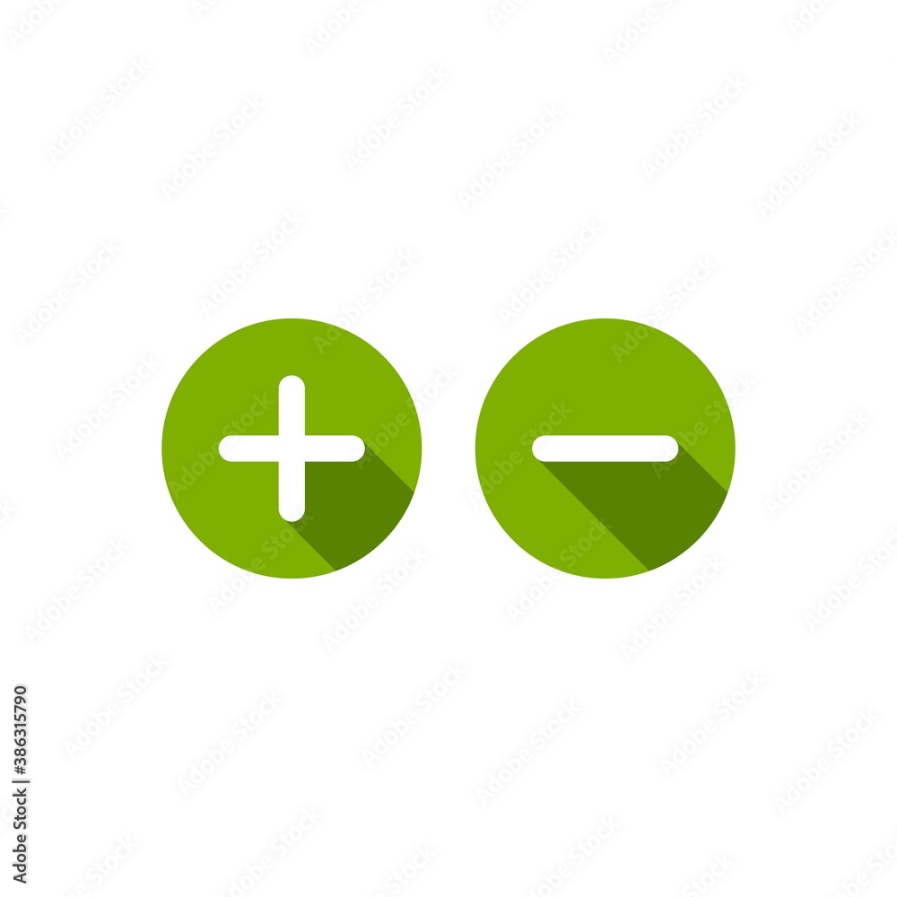 plus and minus circle flat vector icons isolated on white. Add or plus purchase pictogram. plus and minus circle flat vector icons isolated on white. Add or plus purchase pictogram.