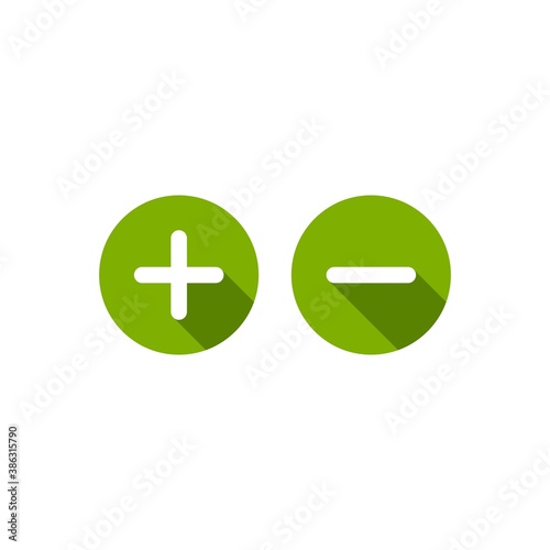 plus and minus circle flat vector icons isolated on white. Add or plus purchase pictogram.