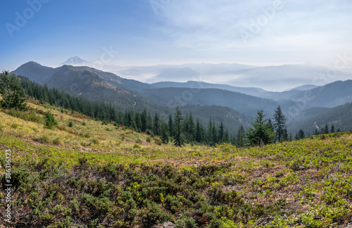 More than 500,000 acres of burned in wildfires in Oregon during 2017.   Smoke from wildfires is obscuring the view of Mt Jefferson and the  Mt Jefferson Wilderness Area, Oregon. © PKZ