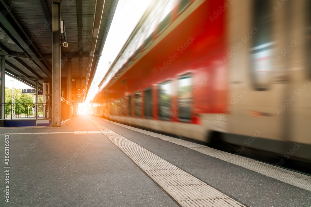 Abstract background travel of public transportation with blur speed motion movement of train on railway tunnel subway.