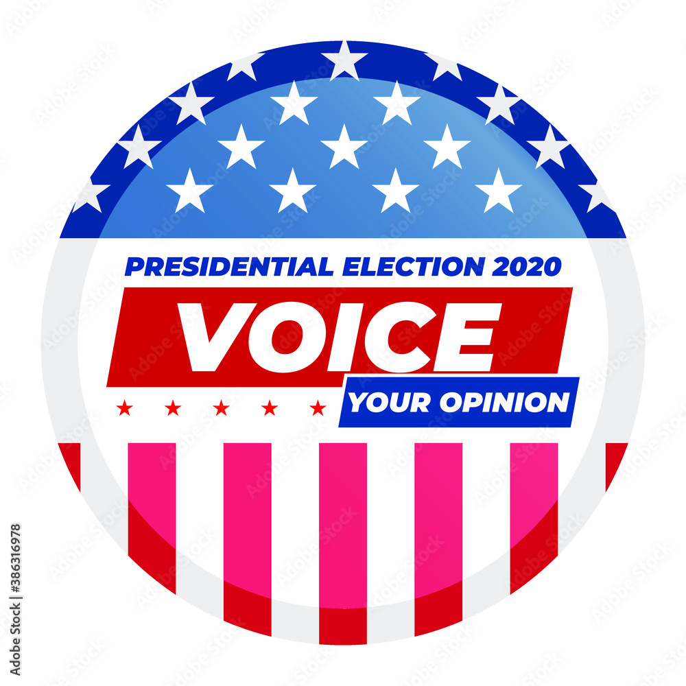 Voice your opinion. 2020 United States of America Presidential Election Button Design. Election button Vote 2020 with Patriotic Elements. Design for flyers, invitation card or print. Vector EPS 10. Voice your opinion. 2020 United States of America Presidential Election Button Design. Election button Vote 2020 with Patriotic Elements. Design for flyers, invitation card or print. Vector EPS 10.