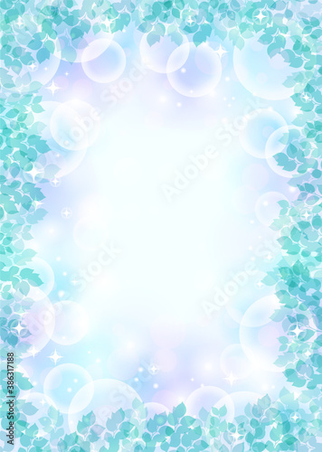 【キラキラ背景画像素材】新緑と木漏れ日の背景 青 縦位置 