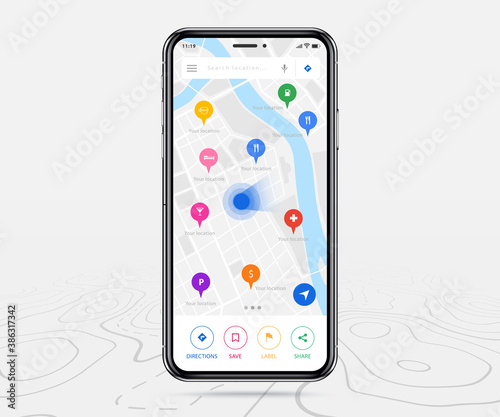 Mobile map GPS, Smartphone map application and colorful pinpoint on screen, App search map navigation, isolated on line maps background, Vector illustration for graphic design