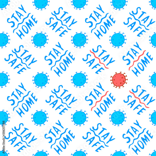 Vector seamless pattern with lettering - Stay home, Stay safe - and illustration of molecules, cells of virus. Theme of quarantine, self protection, isolation times and spread of coronavirus