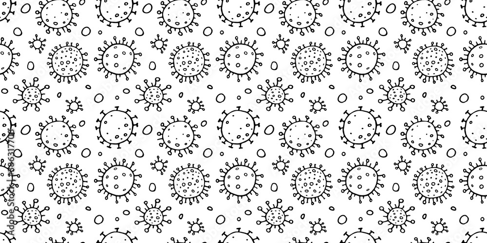 Seamless pattern of molecules, cells of virus, bacteria. Pandemic, epidemic covid-19. Concept of quarantine coronavirus, vaccination. Vector hand drawn background in outline doodle style isolated Seamless pattern of molecules, cells of virus, bacteria. Pandemic, epidemic covid-19. Concept of quarantine coronavirus, vaccination. Vector hand drawn background in outline doodle style isolated
