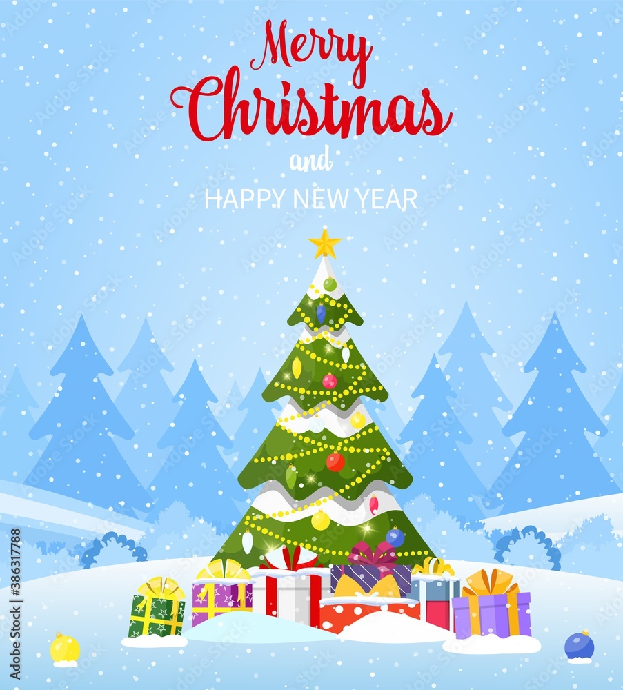 Christmas card. Christmas landscape background withwith christmas tree with gifbox. Merry christmas holiday. New year and xmas celebration. Vector illustration in flat style