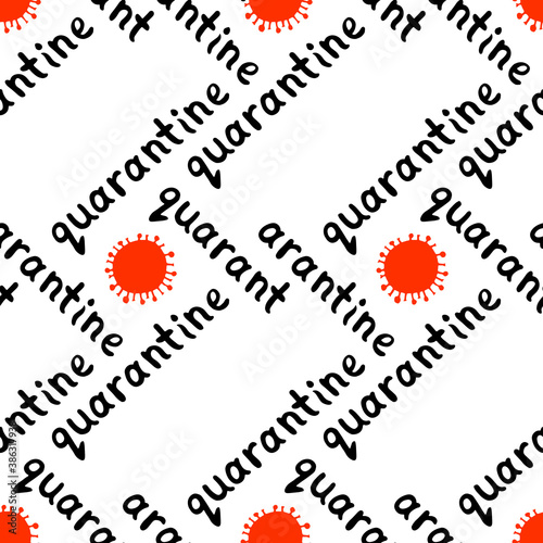 Vector seamless pattern with the quarantine logo - inscription and icon of molecule, virus cell. The topic of self-isolation, self-defense, protection and time of spread of coronavirus