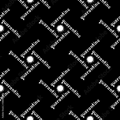 Vector seamless pattern with the quarantine logo - inscription and icon of molecule, virus cell. The topic of self-isolation, self-defense, protection and time of spread of coronavirus