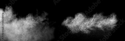Clouds on black backdrop. Light flowing smoke isolated on black background. Wide realistic illustration