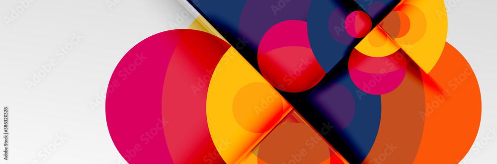 Bright color circles, abstract round shapes and triangles composition with shadow effects. Vector modern geometric design template Bright color circles, abstract round shapes and triangles composition with shadow effects. Vector modern geometric design template