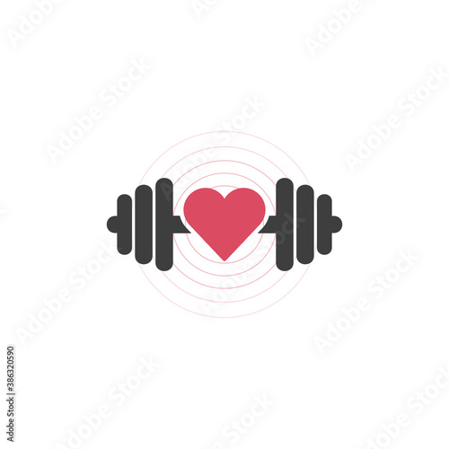 I love gym logo icon, fitness center, dumbell and heart. health care concept. Stock vector illustration isolated on white background.