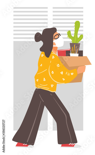 Female character taking box with personal belongings from office