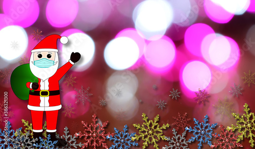 beautiful Christmas background with Santa Claus in a medical mask and snowflakes