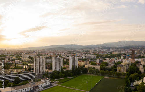 Aerial view of sunset illuminating Zagreb residential area, Croatia.