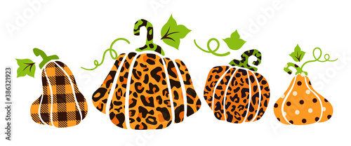Halloween pumpkin bundle - leopard print, polka dot and buffalo plaid pumpkins, jack o lantern funny cartoon flat holiday isolated autumn modern cliparts for party decoration, clothes print - vector