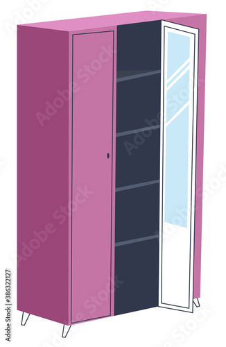 Pink wardrobe with shelves and mirror, interior design