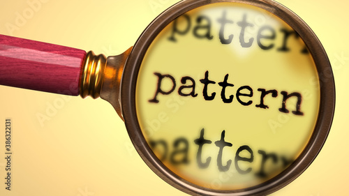Examine and study pattern, showed as a magnify glass and word pattern to symbolize process of analyzing, exploring, learning and taking a closer look at pattern, 3d illustration