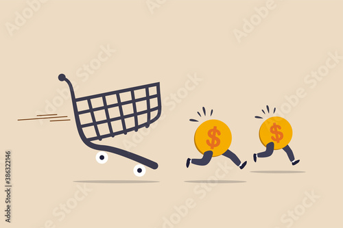 Over spending, consumerism or payment for expensive shopping cost causing debt and financial problem concept, dollar money coins running away from aggressive hunting creditor shopping cart or trolley.