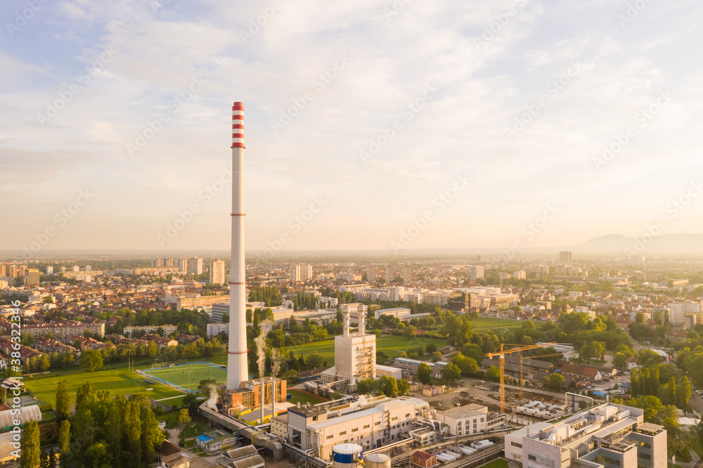 Fototapeta premium Aerial view of Zagreb power plant complex during sunset, Croatia.
