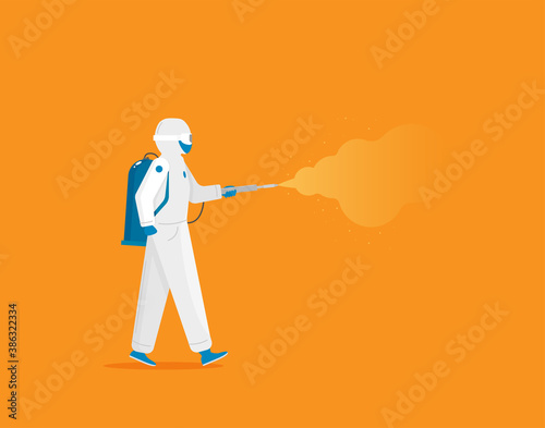 Man in hazmat. Protective suit, gas mask and gas cylinder for disinfection coronavirus. Flat vector
