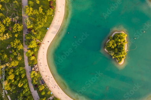 Aerial view above of Otok Ljubavi island at Jarun lake, Zagreb, Croatia. photo