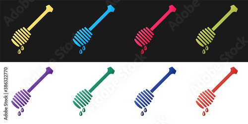 Set Honey dipper stick with dripping honey icon isolated on black and white background. Honey ladle. Vector.