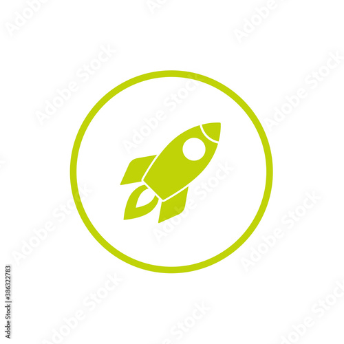Green Rocket ship with fire in circle. Isolated on white. Flat icon. Vector illustration with flying rocket.