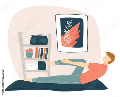 Male character stretching and exercising at home vector