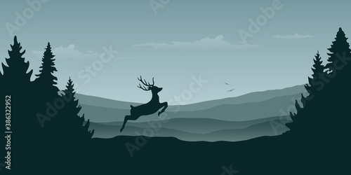 wildlife reindeer mountain view in the fog and forest landscape vector illustration EPS10