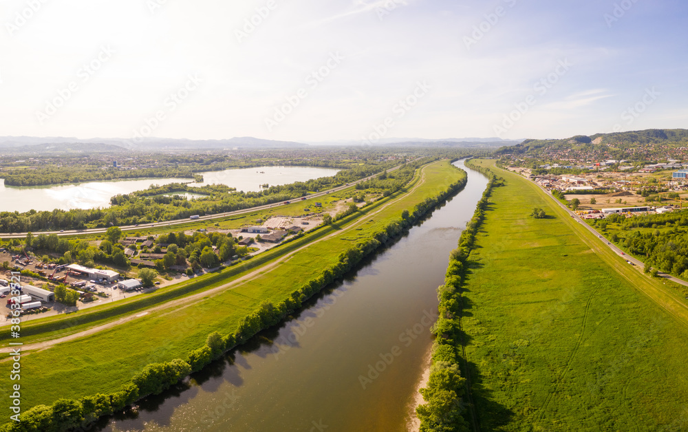 Aerial view of Sava river crossing countryside area near Zagreb, Croatia.