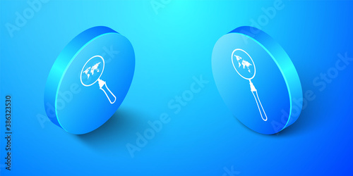 Isometric Magnifying glass with world map icon isolated on blue background. Analyzing the world. Global search sign. Blue circle button. Vector.
