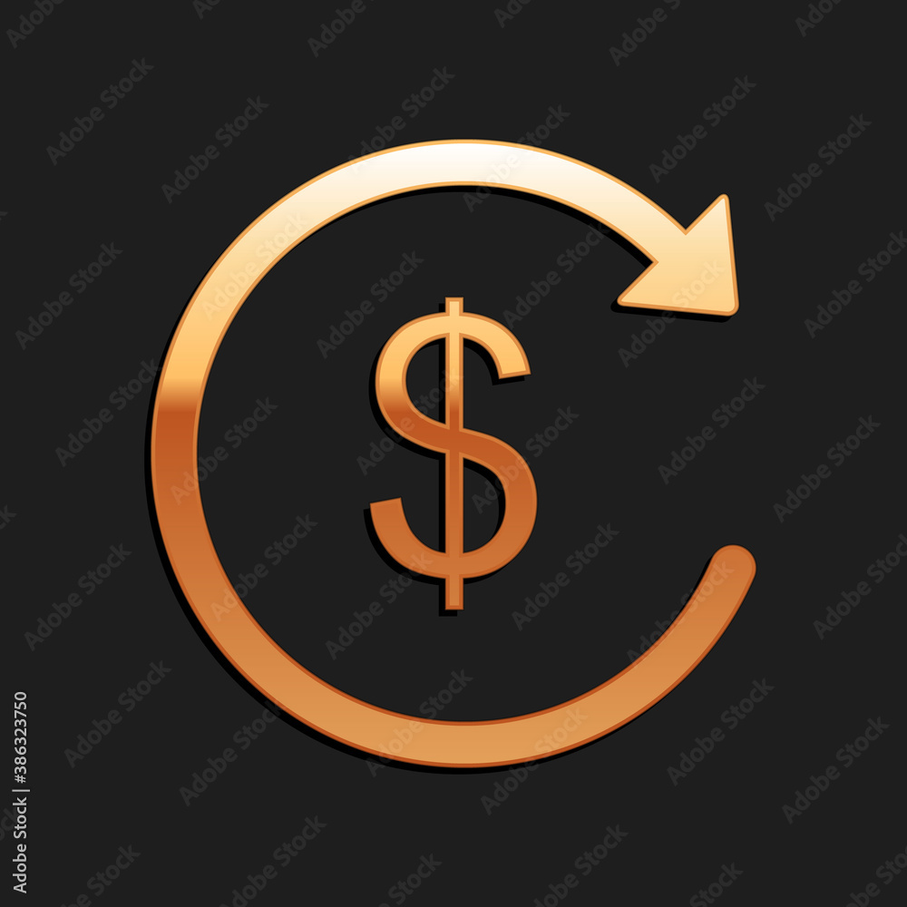 Gold Refund money icon isolated on black background. Financial services, cash back concept, money refund, return on investment, currency exchange. Long shadow style. Vector.